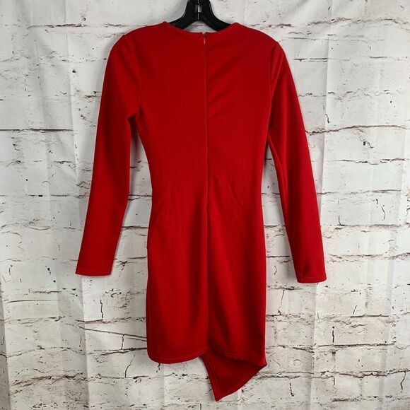 Favlux Red V-Neck Ruched Mini Dress Long Sleeve Size Small Y2K Cocktail Party - Picture 2 of 7